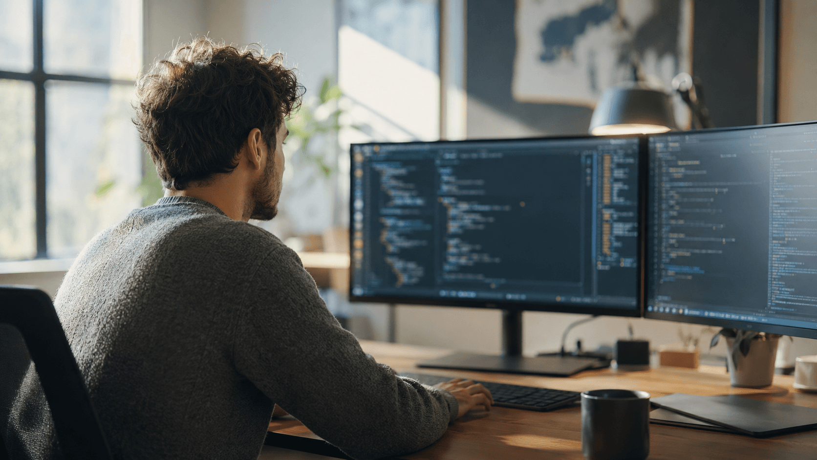 Développeur travaillant sur des environnements conteneurisés, dans un bureau moderne, face à deux écrans affichant du code flouté.