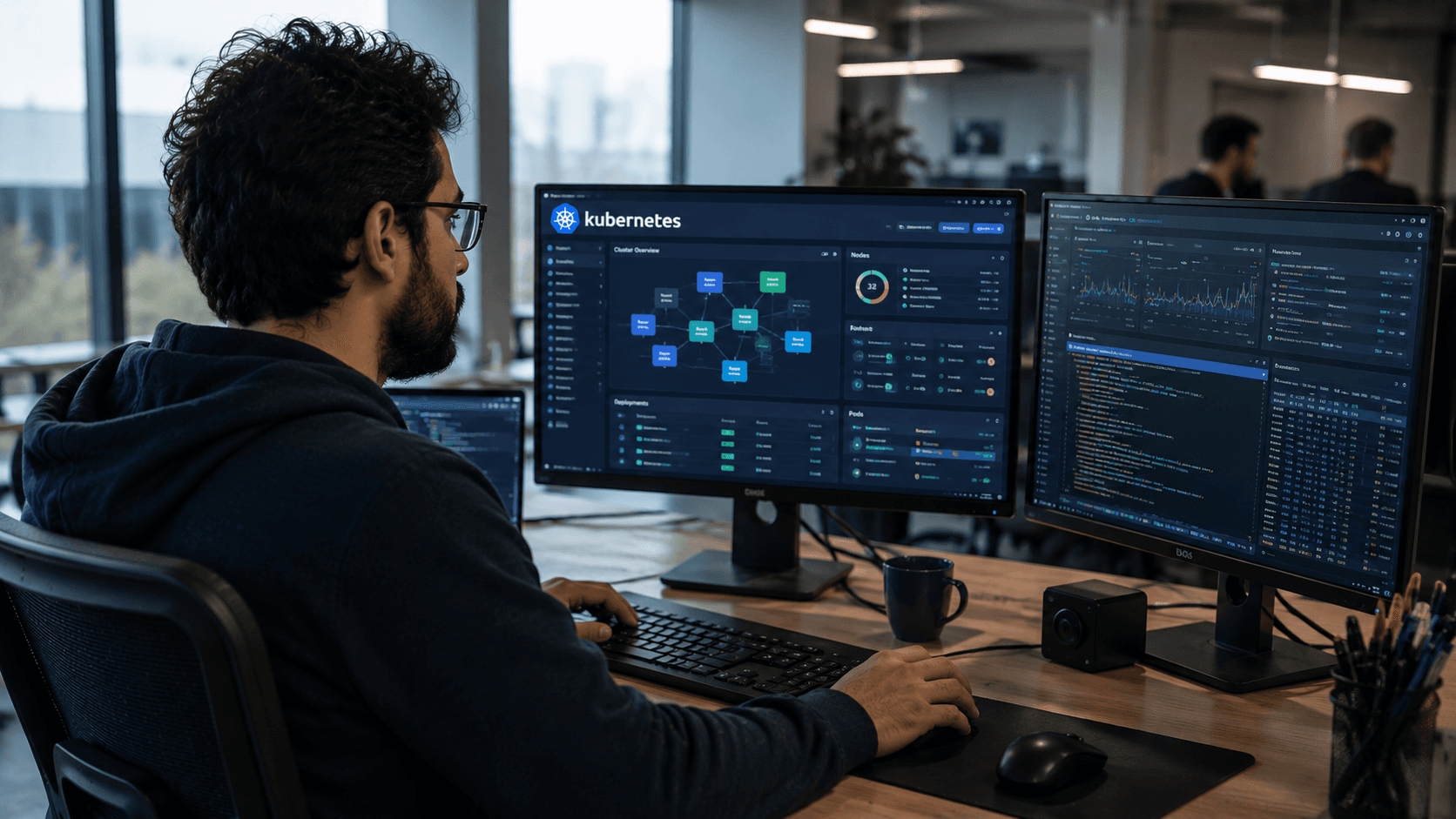 Ingénieur travaillant sur deux écrans dans un bureau moderne, avec un tableau de bord Kubernetes affichant des graphes d’orchestration, des métriques d’infrastructure et une interface en ligne de commande