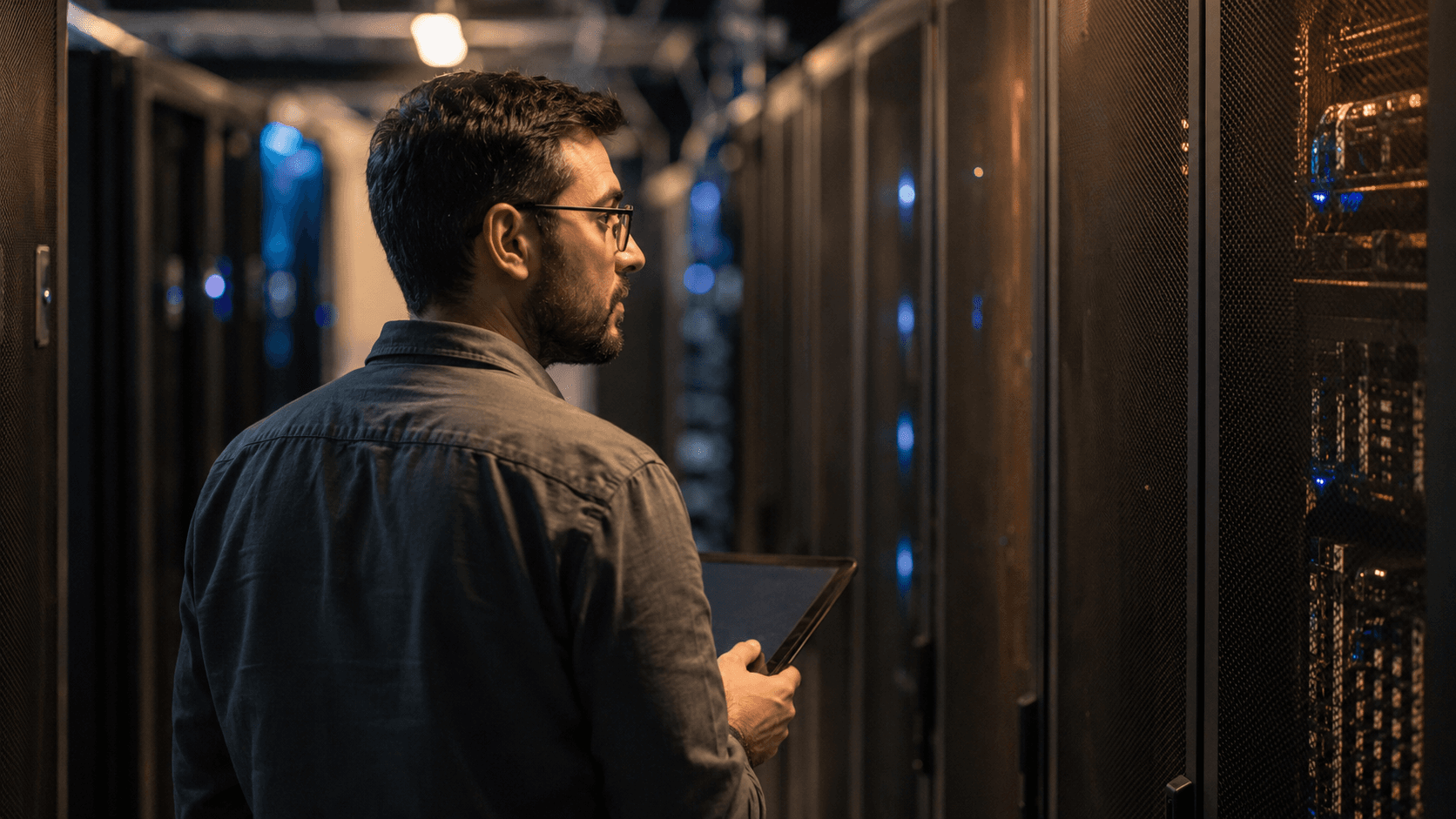 Professionnel IT dans un data center, supervisant l’infrastructure derrière les services cloud