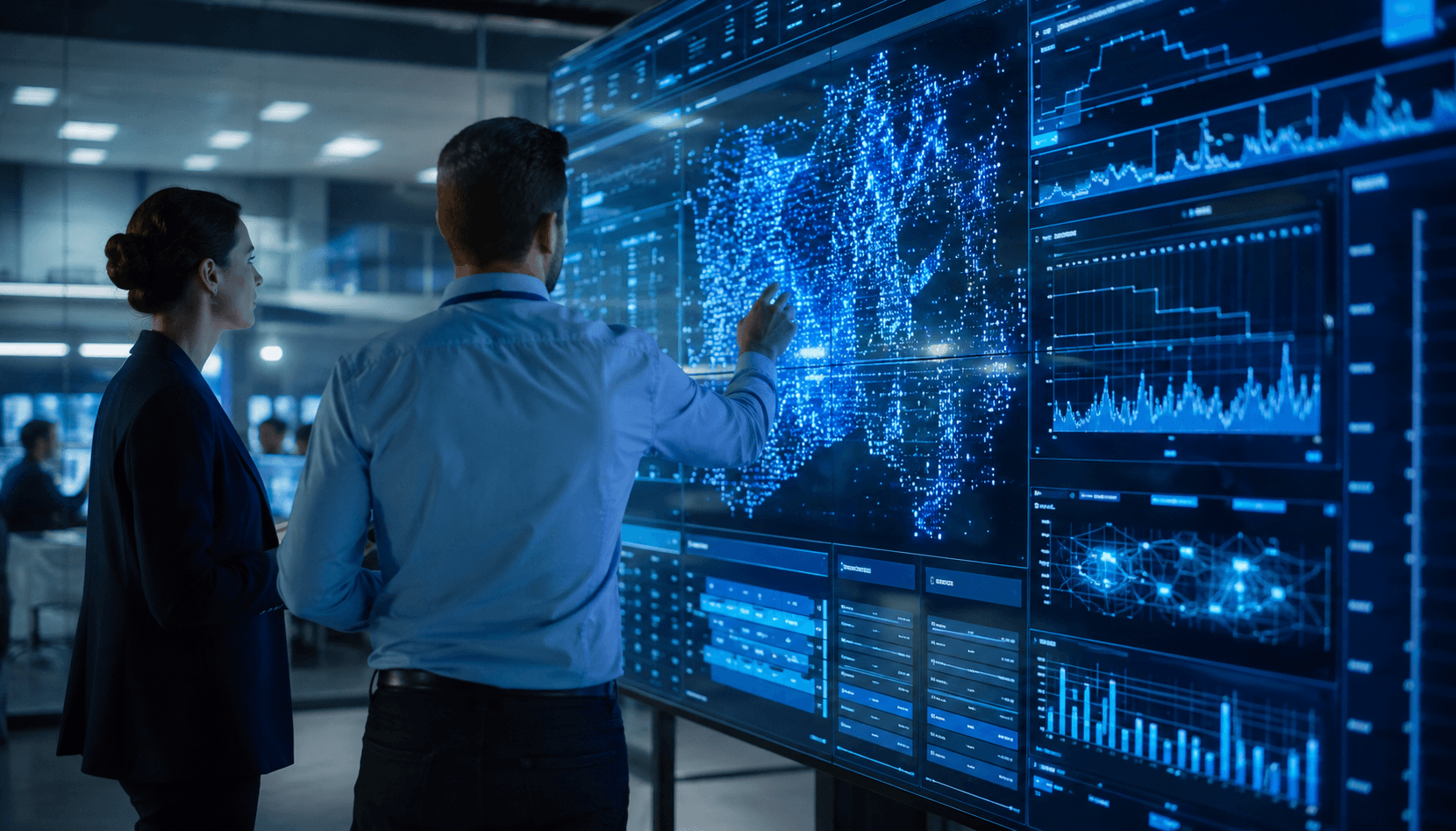 Professionnels analysant des données sur un mur d’écrans high-tech.