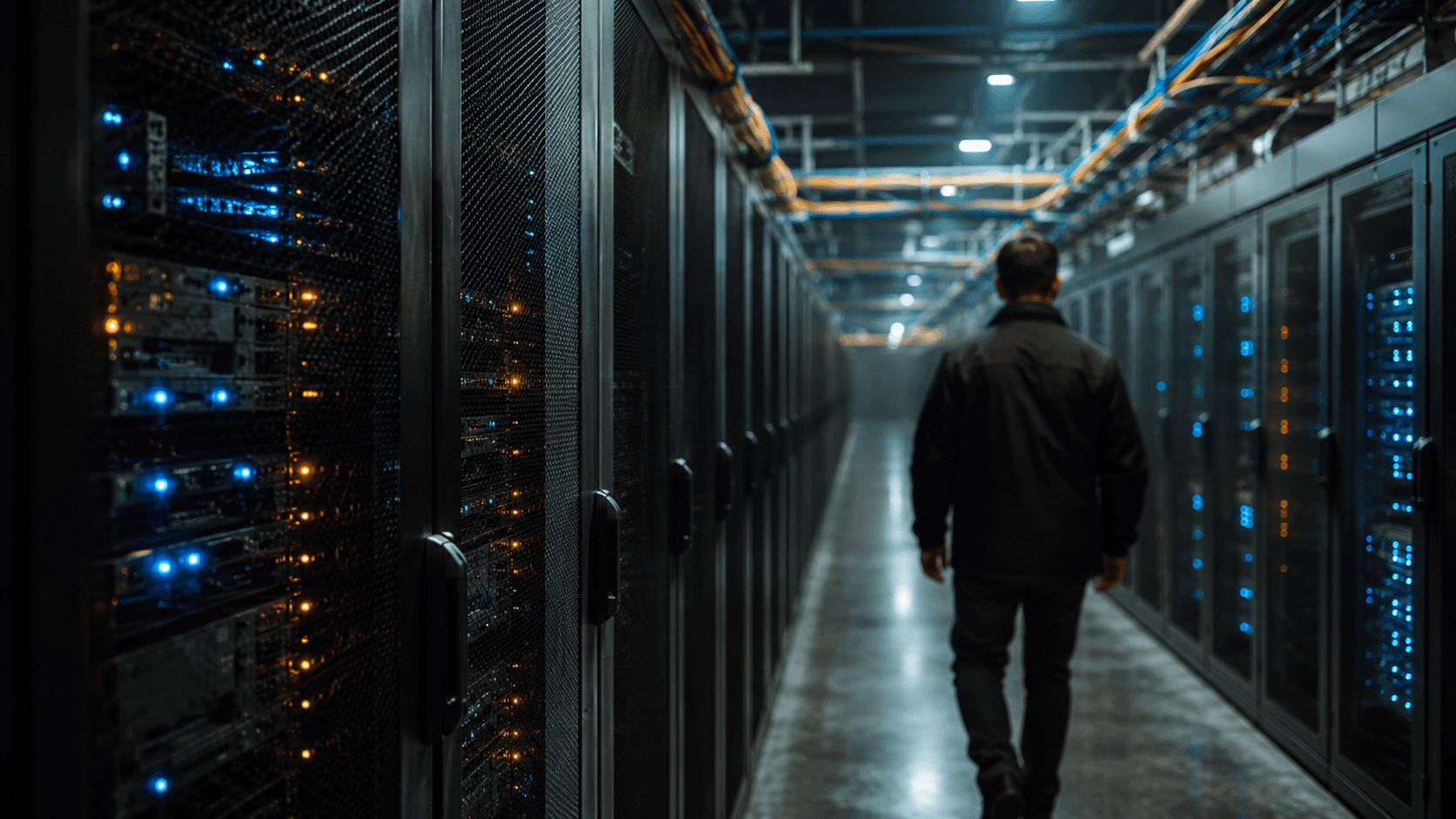Technicien marchant dans l’allée d’un centre de données moderne, entouré de rangées de serveurs et de câblages fibre optique illuminés par des LED bleues et ambrées